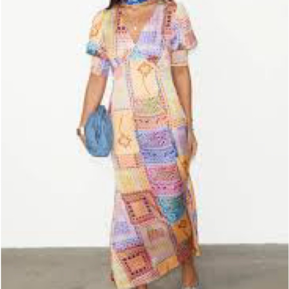 Never Fully Dressed Pink and Blue Puff Sleeve Maxi Sundress